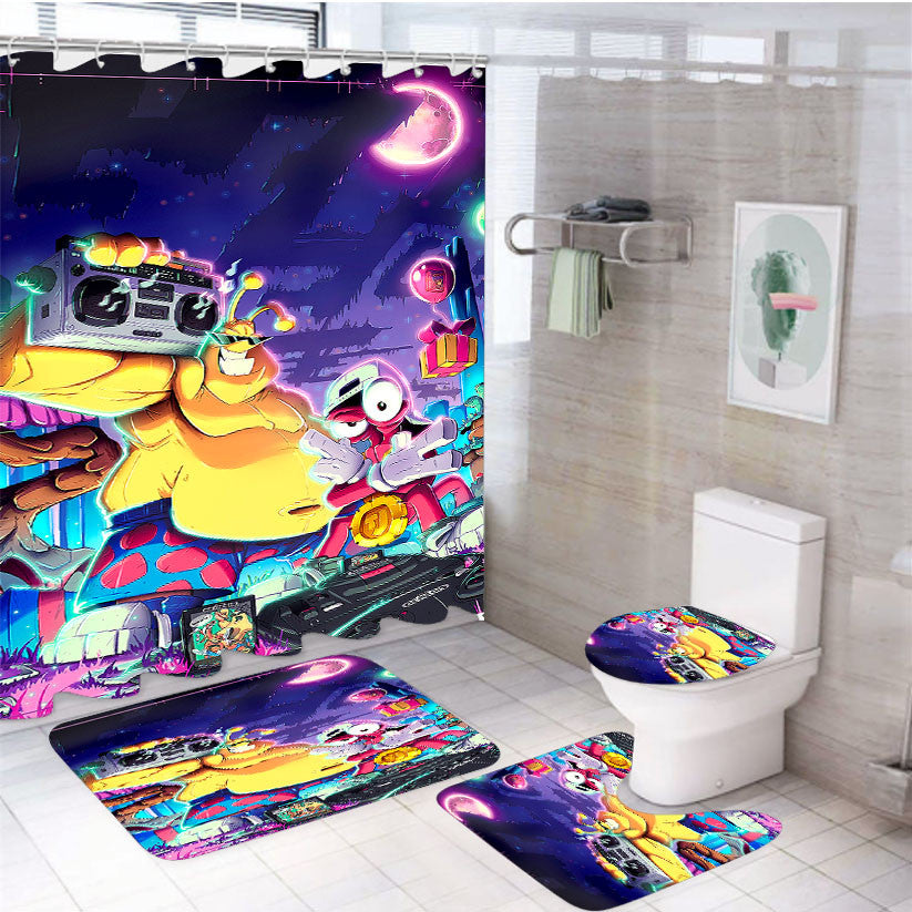 Swag Monster Illustration 4Pcs Bathroom Non-Slip Rugs Shower Curtain Fabric Waterproof