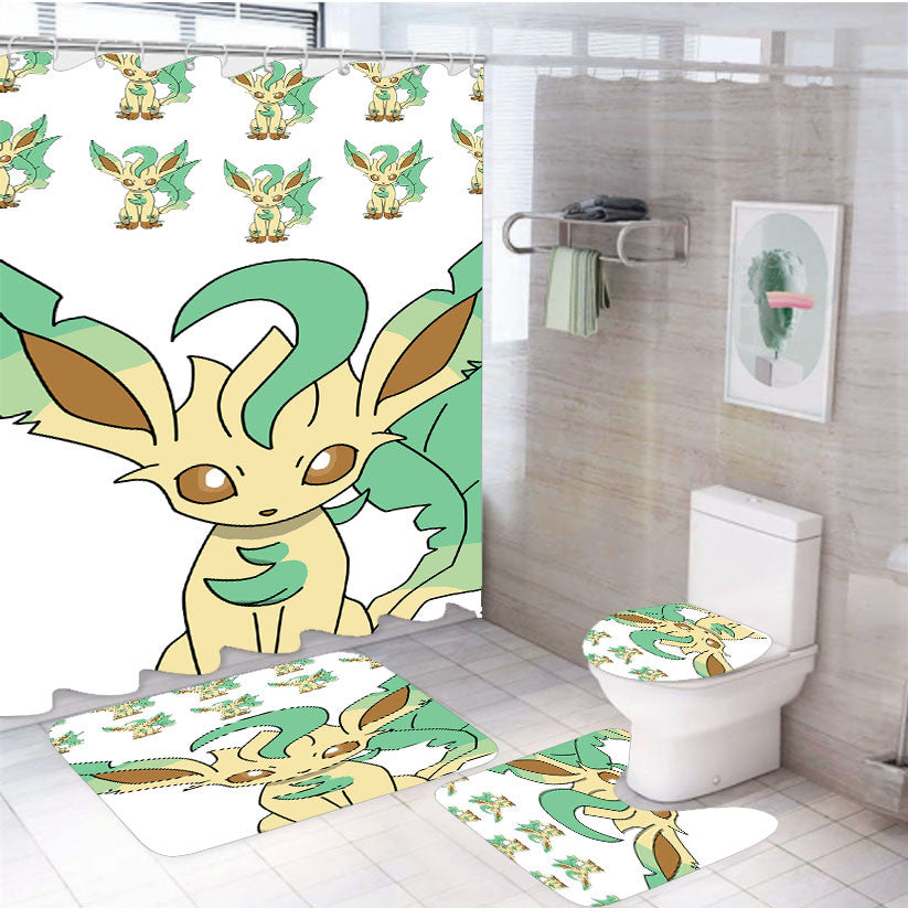 Sylveon Green Eevee Pokemon 4Pcs Bathroom Non-Slip Rugs Shower Curtain Fabric Waterproof