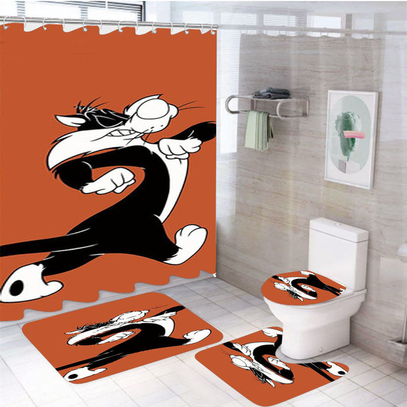 Sylvester Walking Looney Tunes 4Pcs Bathroom Non-Slip Rugs Shower Curtain Fabric Waterproof