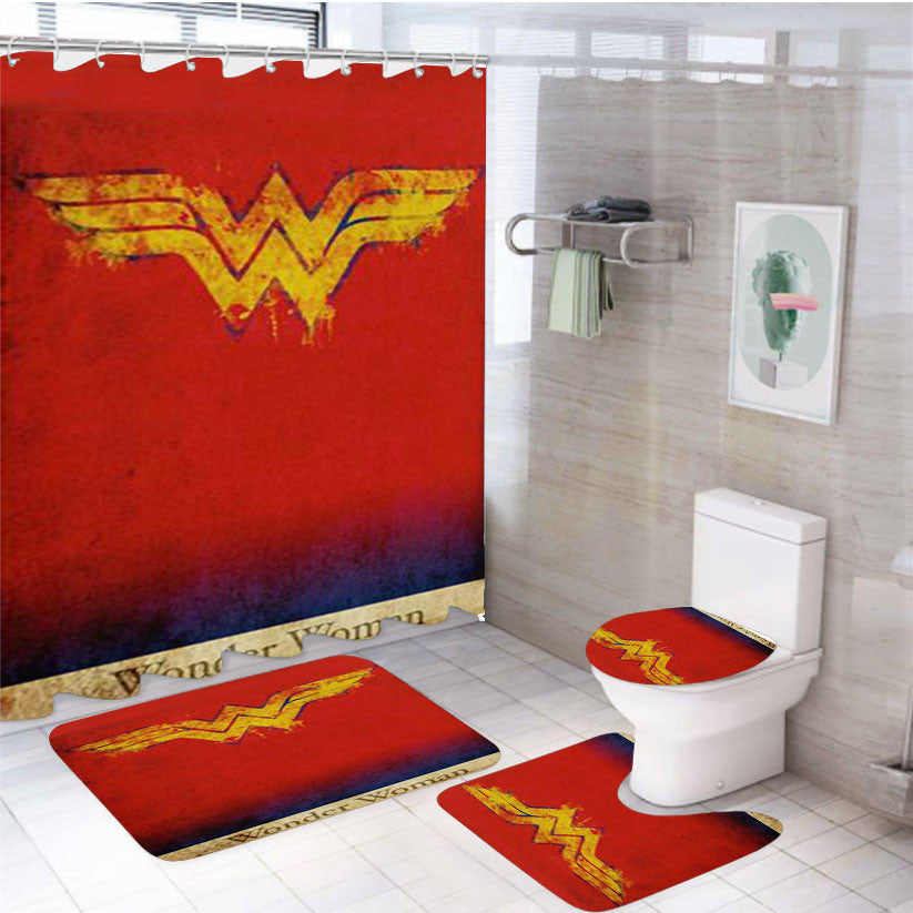Symbol Wonder Woman 4Pcs Bathroom Non-Slip Rugs Shower Curtain Fabric Waterproof