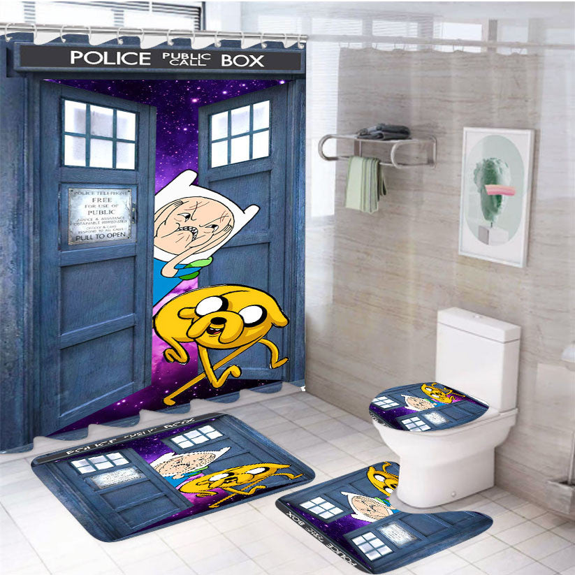 Tardis Box Finn Ugly Face Inside Galaxy 4Pcs Bathroom Non-Slip Rugs Shower Curtain Fabric Waterproof