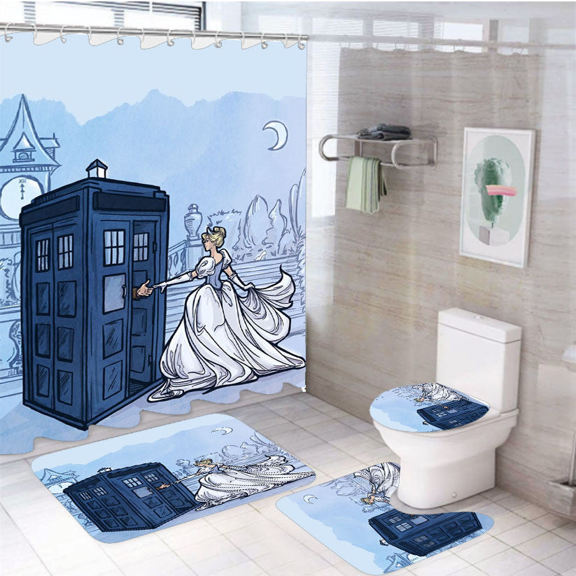 Tardis Cinderella Disney Princess 4Pcs Bathroom Non-Slip Rugs Shower Curtain Fabric Waterproof
