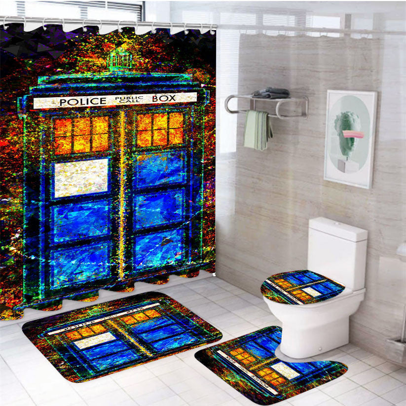 Tardis Police Box Art 4Pcs Bathroom Non-Slip Rugs Shower Curtain Fabric Waterproof