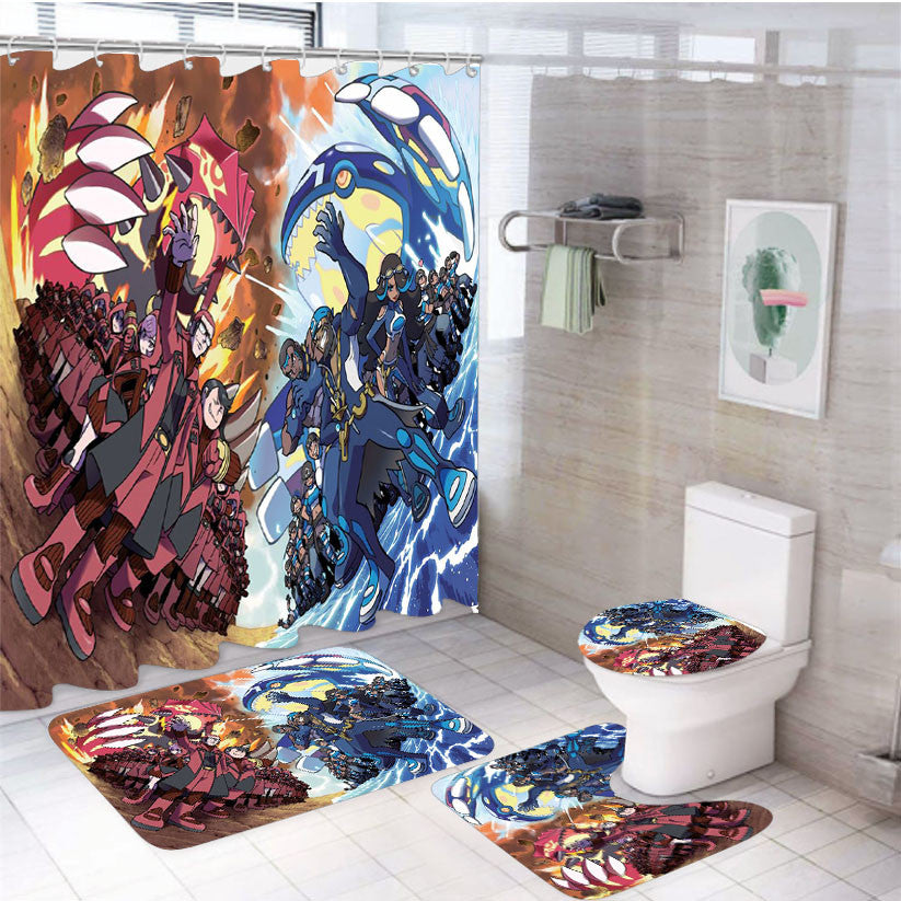 Team Aqua X Team Magma Pokemon 4Pcs Bathroom Non-Slip Rugs Shower Curtain Fabric Waterproof