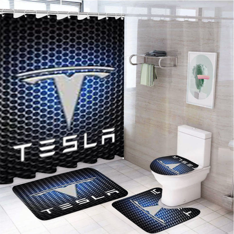Tesla Motors Case 4Pcs Bathroom Non-Slip Rugs Shower Curtain Fabric Waterproof