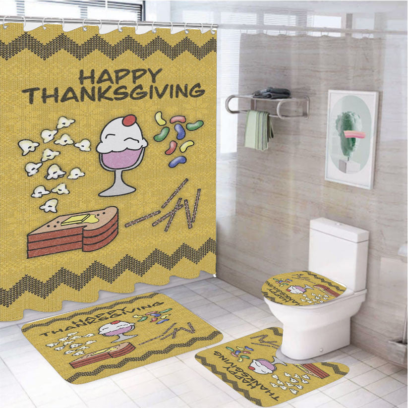 Thanksgiving 4Pcs Bathroom Non-Slip Rugs Shower Curtain Fabric Waterproof