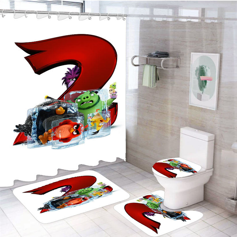 The Angry Birds Movie 2 4Pcs Bathroom Non-Slip Rugs Shower Curtain Fabric Waterproof