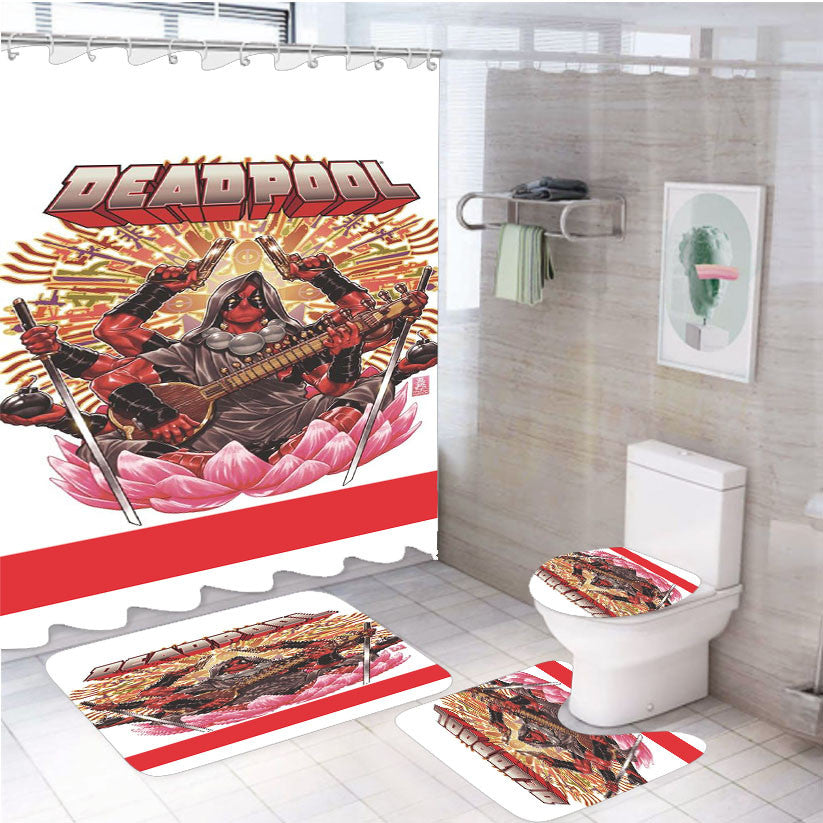 The God Deadpool Japan Tattoo 4Pcs Bathroom Non-Slip Rugs Shower Curtain Fabric Waterproof