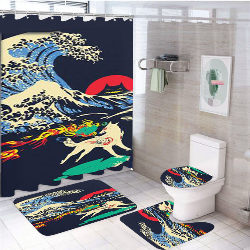 The Great Wave Of Oni Island 4Pcs Bathroom Non-Slip Rugs Shower Curtain Fabric Waterproof