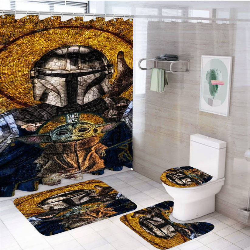 The Mandalorian And Baby Yoda Stained Glasses Art 4Pcs Bathroom Non-Slip Rugs Shower Curtain Fabric Waterproof