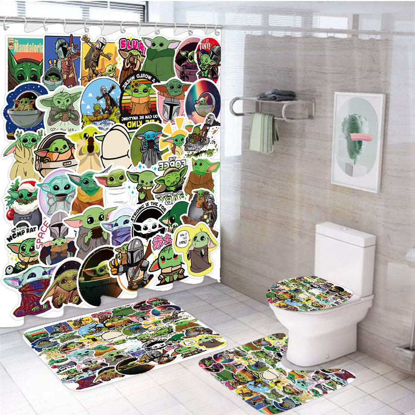 The Mandalorian Baby Yoda Stickers Collage 4Pcs Bathroom Non-Slip Rugs Shower Curtain Fabric Waterproof