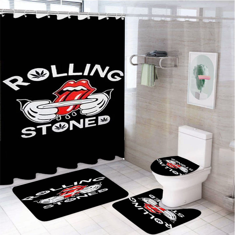 The Rolling Stones Weed Logo 4Pcs Bathroom Non-Slip Rugs Shower Curtain Fabric Waterproof