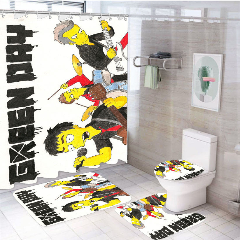 The Simpson Green Day Cartoon 4Pcs Bathroom Non-Slip Rugs Shower Curtain Fabric Waterproof