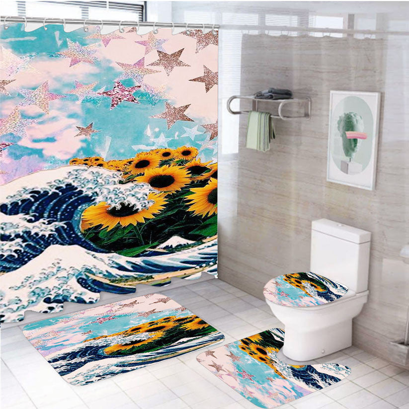 The Waves Sun Flowers And Star Collage 4Pcs Bathroom Non-Slip Rugs Shower Curtain Fabric Waterproof