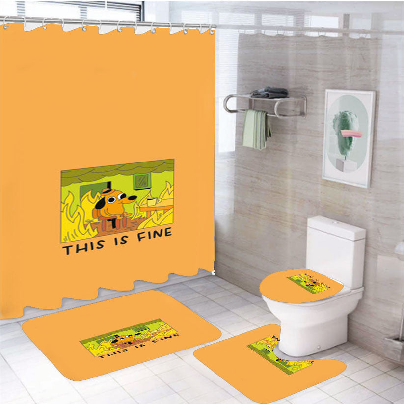 This Is Fine 4Pcs Bathroom Non-Slip Rugs Shower Curtain Fabric Waterproof