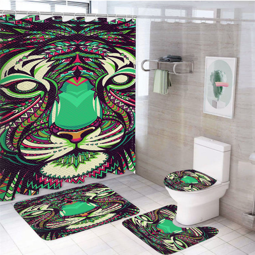 Tiger Aztec Pattern 4Pcs Bathroom Non-Slip Rugs Shower Curtain Fabric Waterproof