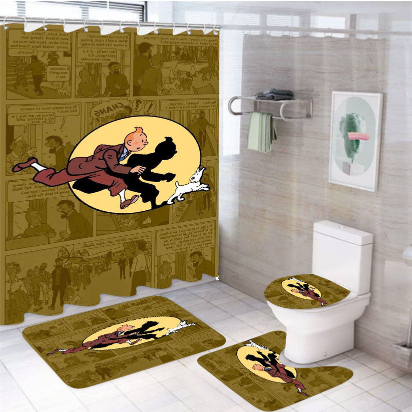 Tintin Snowy Comic Cartoon 4Pcs Bathroom Non-Slip Rugs Shower Curtain Fabric Waterproof