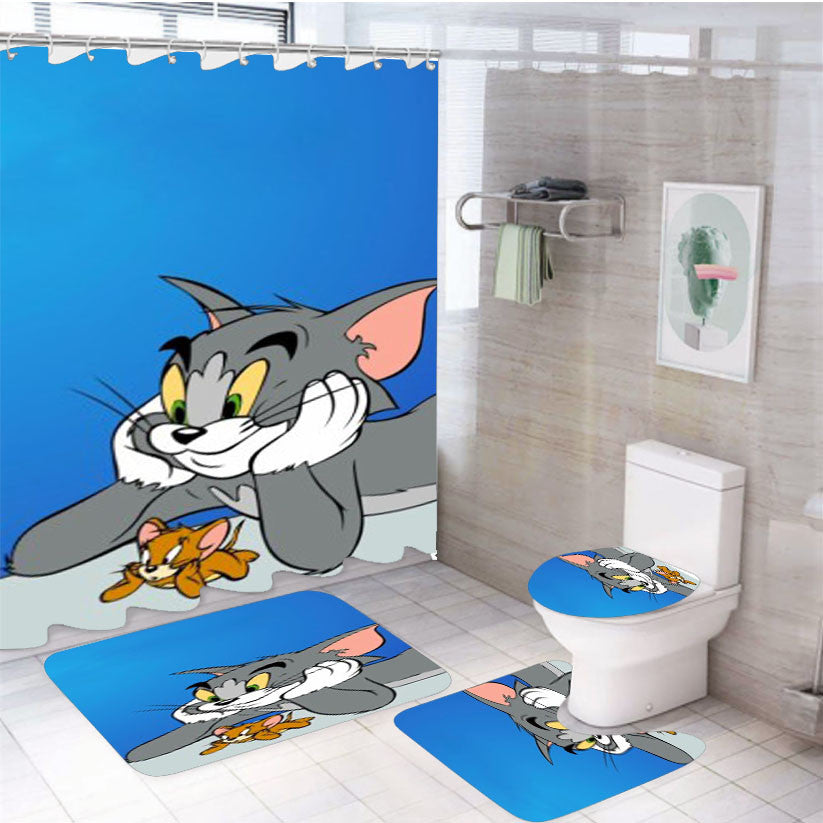 Tom Jerry 4Pcs Bathroom Non-Slip Rugs Shower Curtain Fabric Waterproof