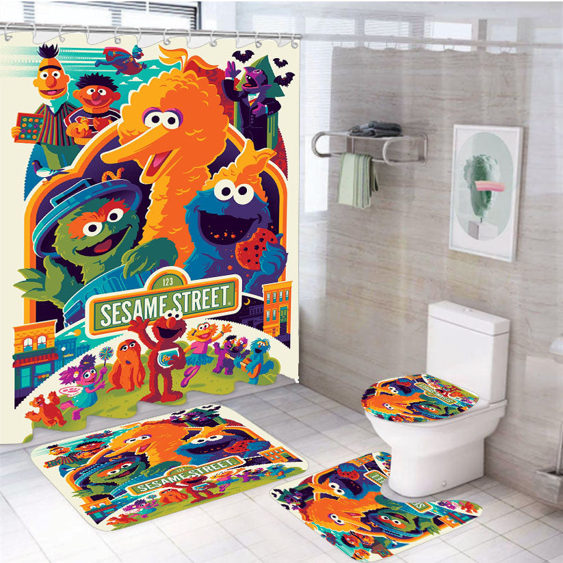 Tom Whalen Sesame Street Poster 4Pcs Bathroom Non-Slip Rugs Shower Curtain Fabric Waterproof