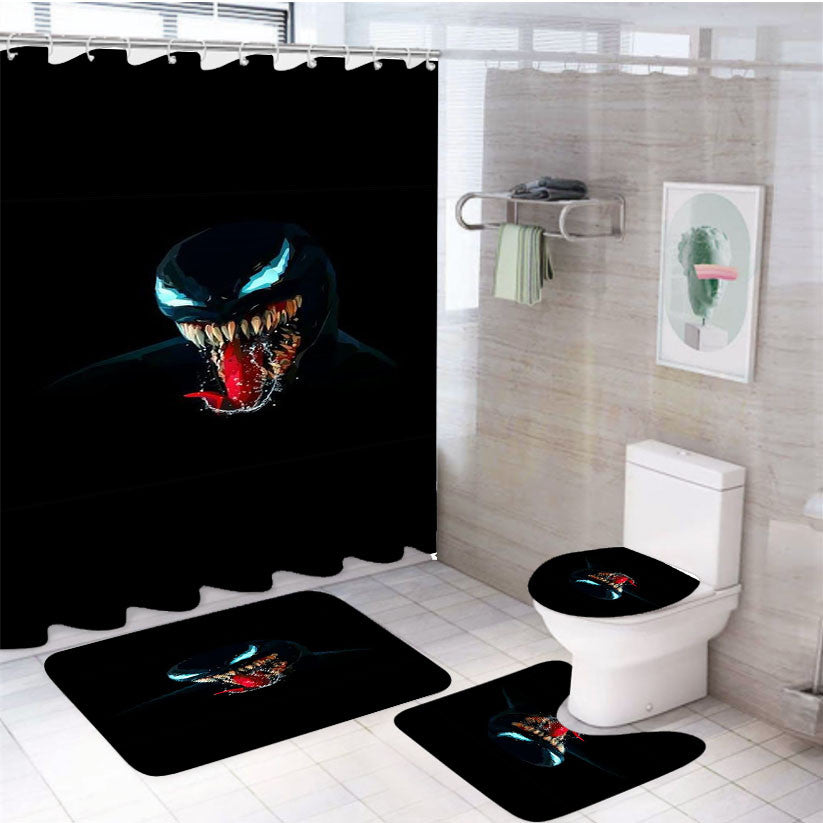 Tongue Black Venom 4Pcs Bathroom Non-Slip Rugs Shower Curtain Fabric Waterproof