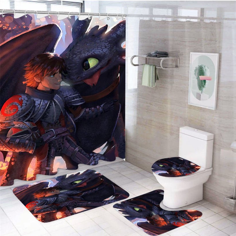 Toothless And Hiccup Illustration Draw 4Pcs Bathroom Non-Slip Rugs Shower Curtain Fabric Waterproof