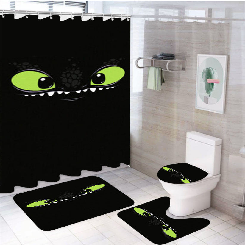 Toothless Dragon Smile 4Pcs Bathroom Non-Slip Rugs Shower Curtain Fabric Waterproof