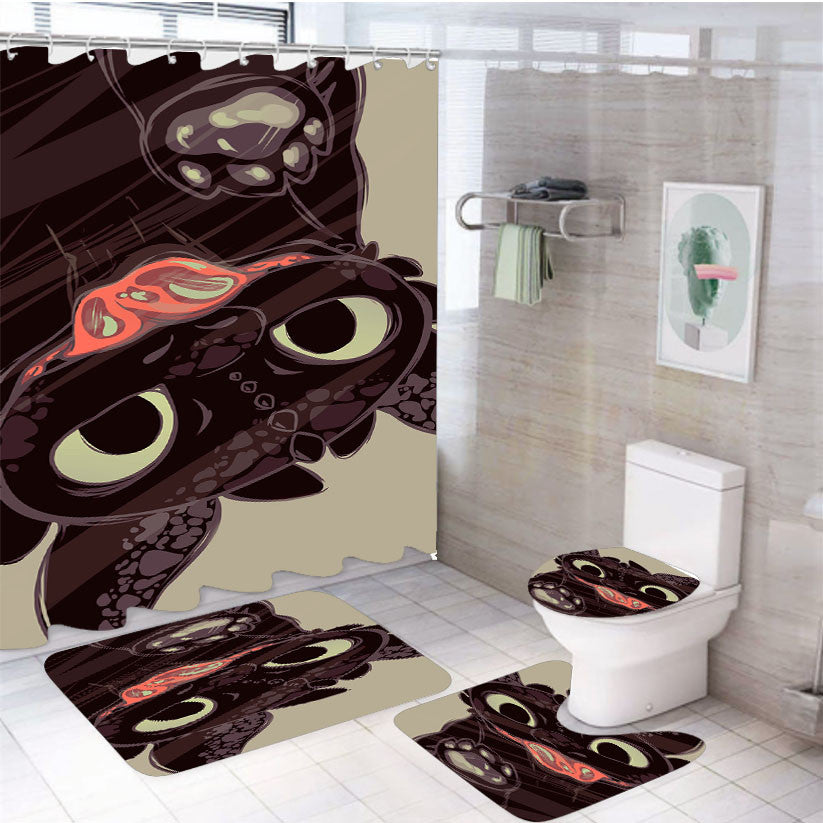 Toothless Mirror 4Pcs Bathroom Non-Slip Rugs Shower Curtain Fabric Waterproof