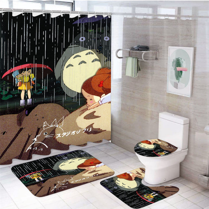 Totoro And Friends 4Pcs Bathroom Non-Slip Rugs Shower Curtain Fabric Waterproof