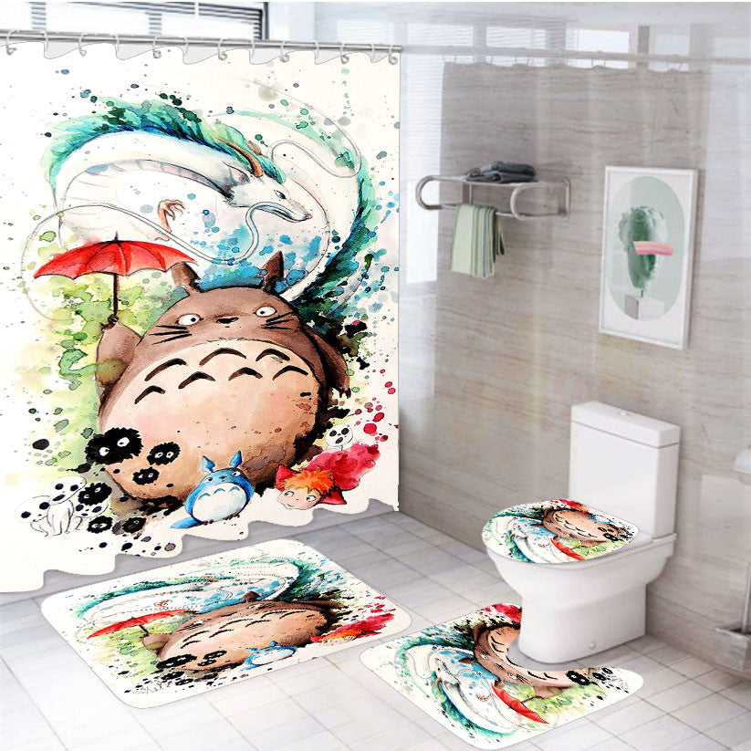 Totoro Estudio Ghibli 4Pcs Bathroom Non-Slip Rugs Shower Curtain Fabric Waterproof