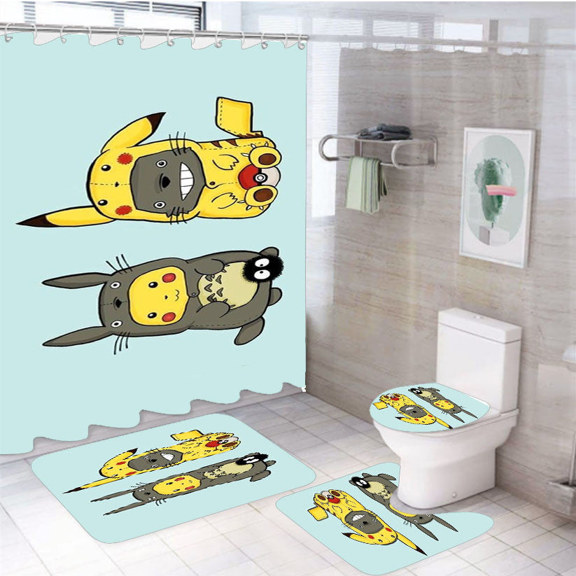 Totoro Pokemon 4Pcs Bathroom Non-Slip Rugs Shower Curtain Fabric Waterproof