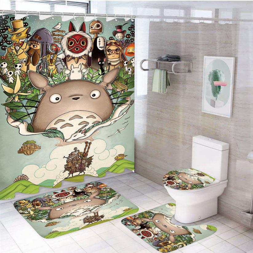 Totoro Princess Mononoke 4Pcs Bathroom Non-Slip Rugs Shower Curtain Fabric Waterproof