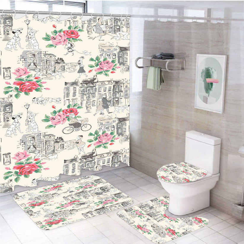 Townhouse Dogs 101 Dalmatians 4Pcs Bathroom Non-Slip Rugs Shower Curtain Fabric Waterproof
