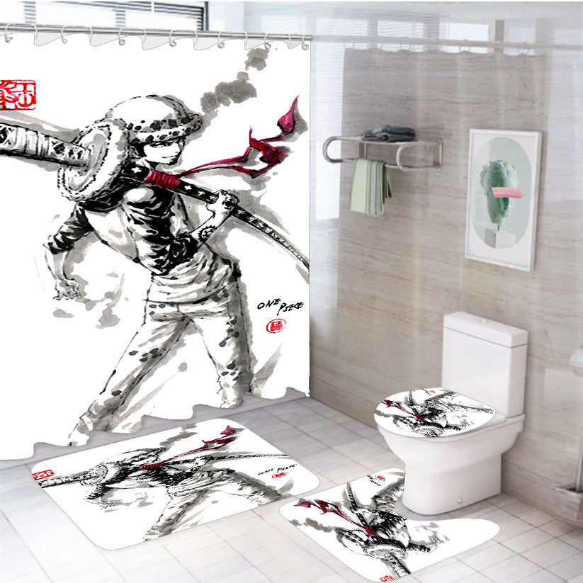 Trafalger Law One Piece 4Pcs Bathroom Non-Slip Rugs Shower Curtain Fabric Waterproof