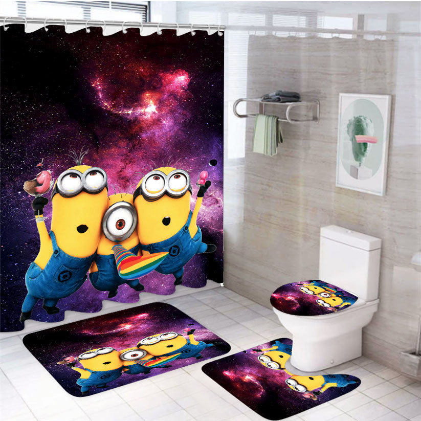 Tri Minion Galaxy 4Pcs Bathroom Non-Slip Rugs Shower Curtain Fabric Waterproof