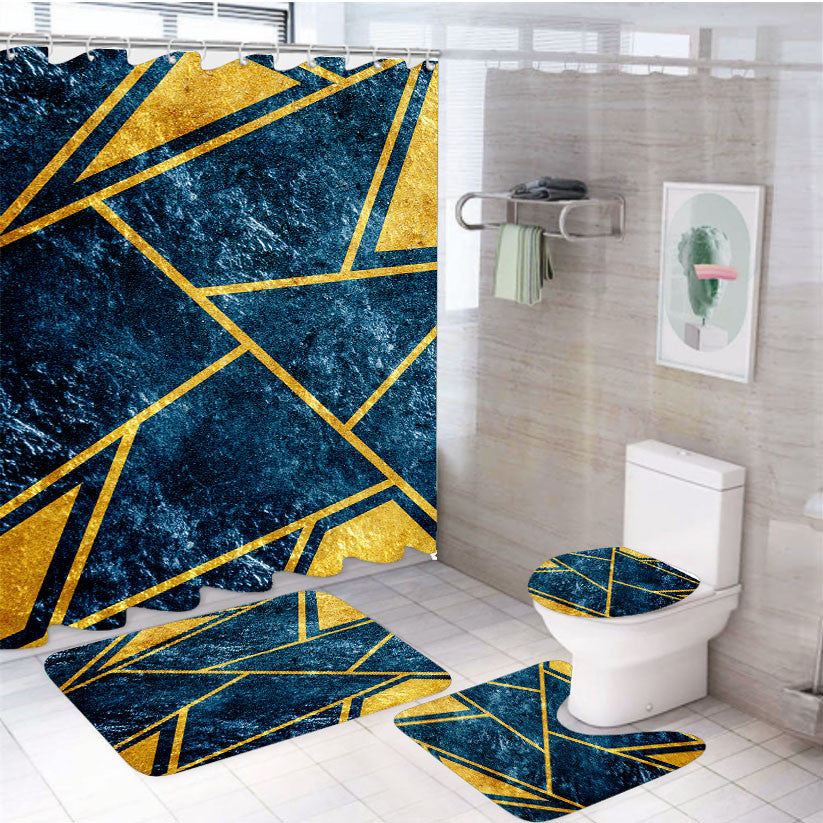 Turquoise And Gold Abstract Triangle Geometric 4Pcs Bathroom Non-Slip Rugs Shower Curtain Fabric Waterproof
