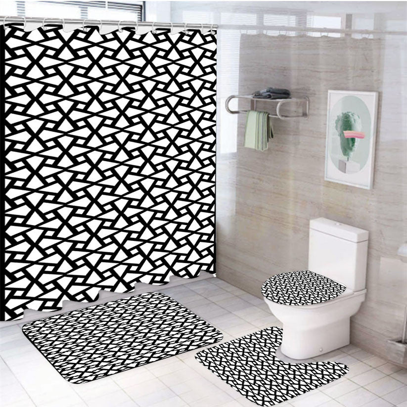 Ubicle Spigel Pattern 4Pcs Bathroom Non-Slip Rugs Shower Curtain Fabric Waterproof
