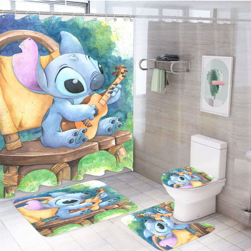 Ukulele Stitch Watercolor 4Pcs Bathroom Non-Slip Rugs Shower Curtain Fabric Waterproof