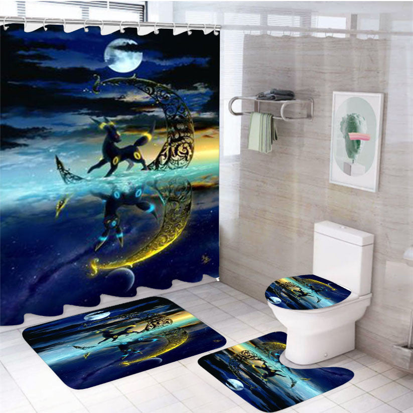 Umbreon Shiny Pokemon 4Pcs Bathroom Non-Slip Rugs Shower Curtain Fabric Waterproof