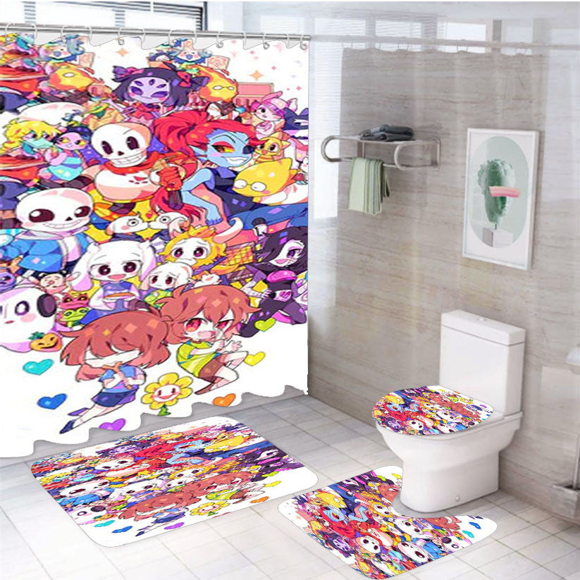 Undertale Cartoon 4Pcs Bathroom Non-Slip Rugs Shower Curtain Fabric Waterproof