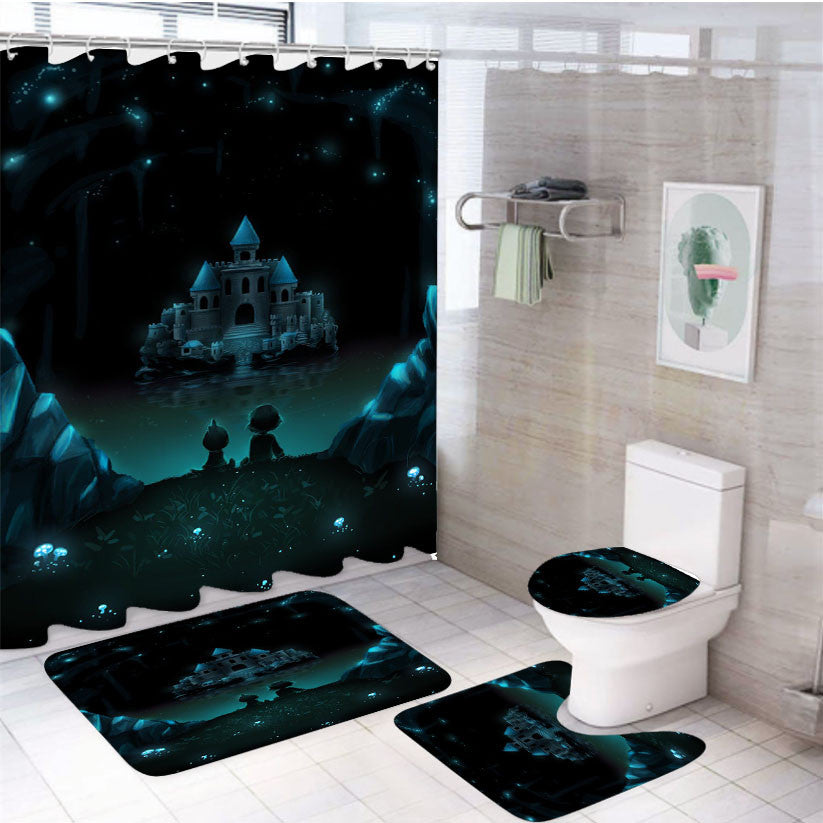Undertale Castle 4Pcs Bathroom Non-Slip Rugs Shower Curtain Fabric Waterproof