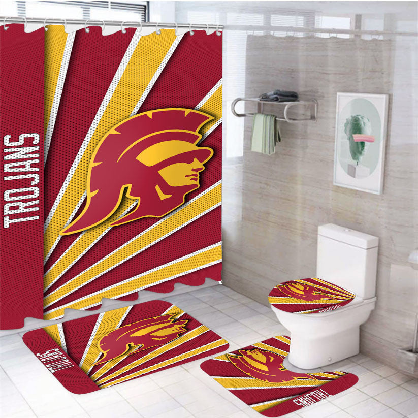 Usc Trojans Stripe Wallpaper 4Pcs Bathroom Non-Slip Rugs Shower Curtain Fabric Waterproof