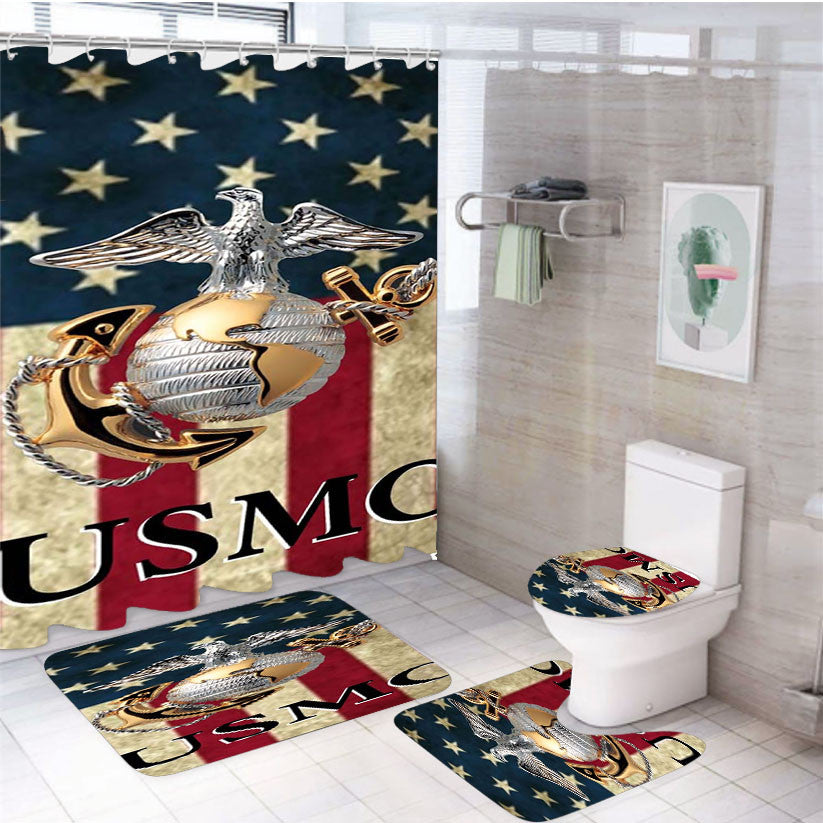 Usmc America 4Pcs Bathroom Non-Slip Rugs Shower Curtain Fabric Waterproof