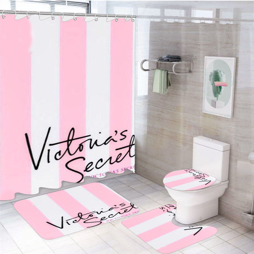 Victoria Secret Pink 4Pcs Bathroom Non-Slip Rugs Shower Curtain Fabric Waterproof