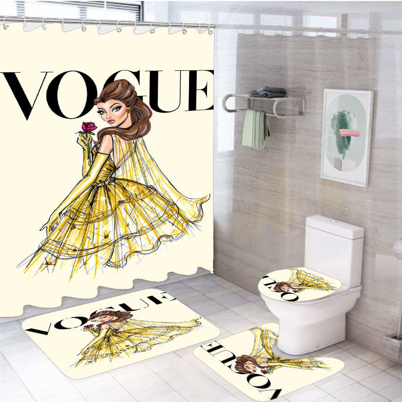 Vogue Belle 4Pcs Bathroom Non-Slip Rugs Shower Curtain Fabric Waterproof