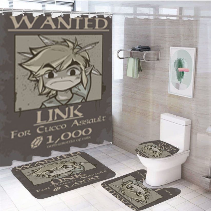Wanted Link Zelda 4Pcs Bathroom Non-Slip Rugs Shower Curtain Fabric Waterproof