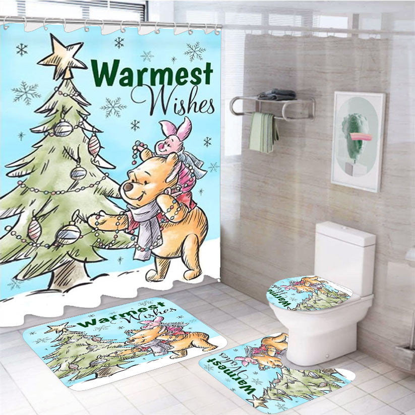 Warmest Wishes Winnie The Pooh 4Pcs Bathroom Non-Slip Rugs Shower Curtain Fabric Waterproof