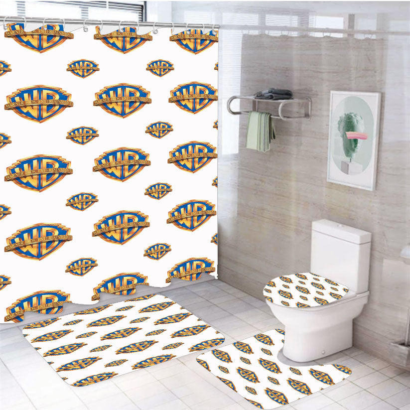 Warner Bros Logo Pattern 4Pcs Bathroom Non-Slip Rugs Shower Curtain Fabric Waterproof