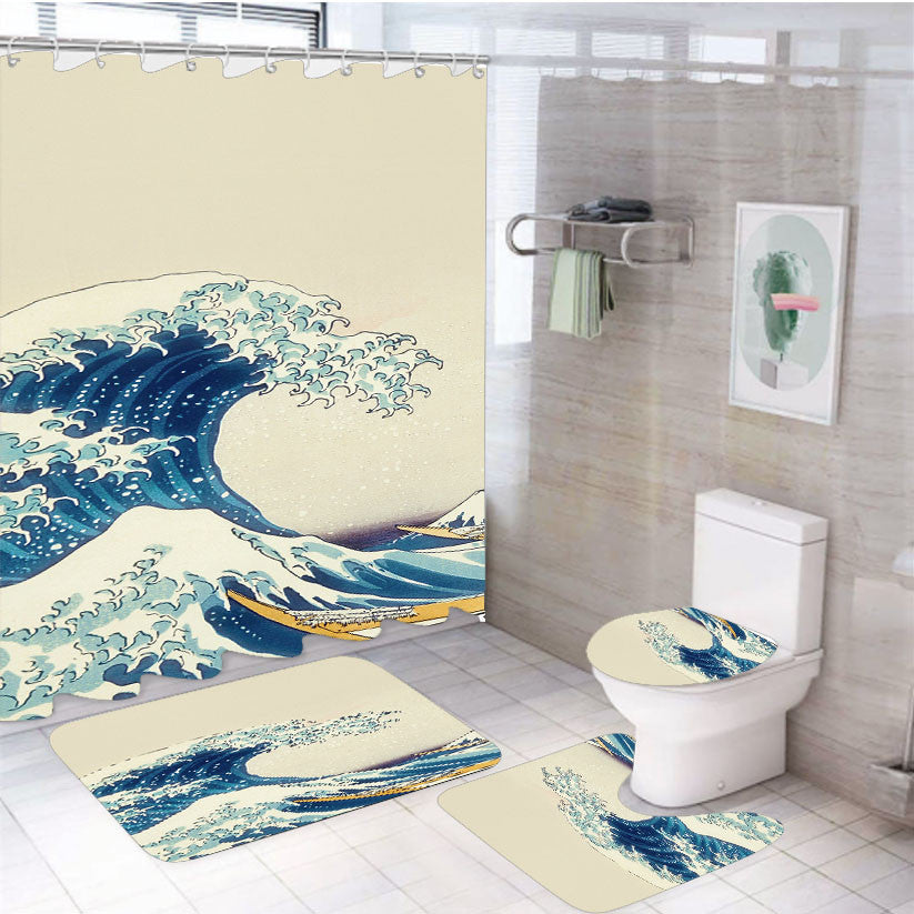 Wave Art Hokusai Japanese Paint Illust Clasic 4Pcs Bathroom Non-Slip Rugs Shower Curtain Fabric Waterproof