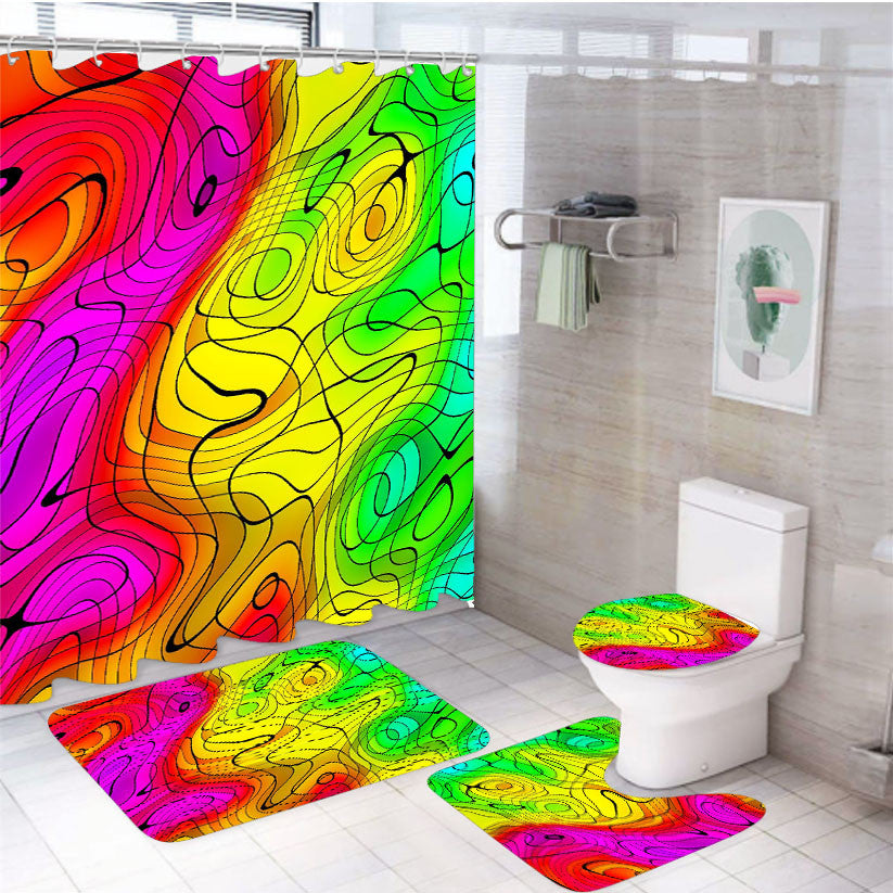 Wavy Lines Abstract 4Pcs Bathroom Non-Slip Rugs Shower Curtain Fabric Waterproof