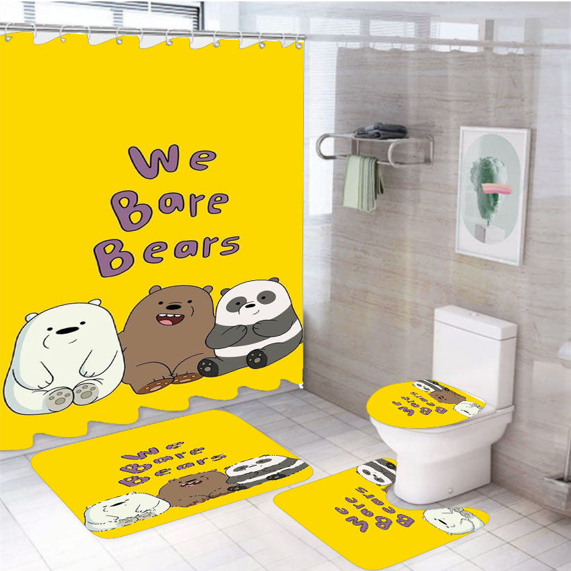We Are The Bare Bears Chubby In Yellow 4Pcs Bathroom Non-Slip Rugs Shower Curtain Fabric Waterproof